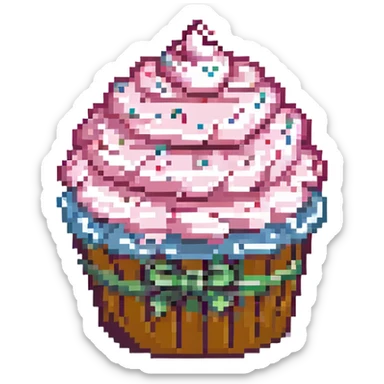 pixel art cupcake with pink frosting and sprinkles sticker