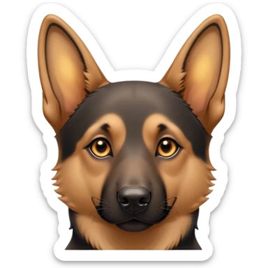 Cinematic Cute Tan/Black German Shepherd Portrait Emoji, Head tilted playfully and inquisitively, showcasing a smooth tan coat with distinctive black markings and piercing brown eyes filled with curiosity, Simplified yet irresistibly adorable features, highly detailed, glowing with a warm, friendly glow, high shine, affectionate and alert, stylized with a touch of whimsy, bright and endearing, soft glowing outline, capturing the essence of a mischievous yet loving guardian, so playful it feels like it could bound out of the screen and into your arms! sticker