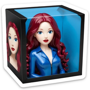 Imagine a beautiful burgundy long wavy hair, pale skin, dreamy, seductive blue eyes, plump vivid red lips,female as an hyperrealistic action figurine. Wearing one piece black patent leather outfit, ina hyperrealistic detailed cardboard plastic 3D figurine box, full view, still life, masterpiece  sticker