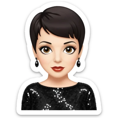 Liza Minnelli with dark brown hair, black sequin outfit sticker