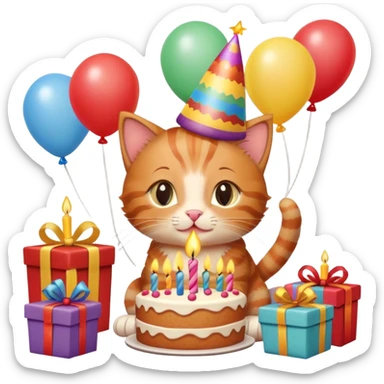 Ginger tabby kitten celebrates birthday, birthday hat, birthday cake, one candle, balloons, happy, gifts sticker