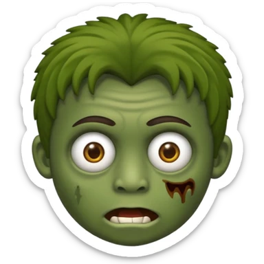 quero um emoji de um menino com pele de zumbi cabelo castanho claro e de franja, olhos menores boca fechada pele verde faça os machucados na cara inteira  sticker