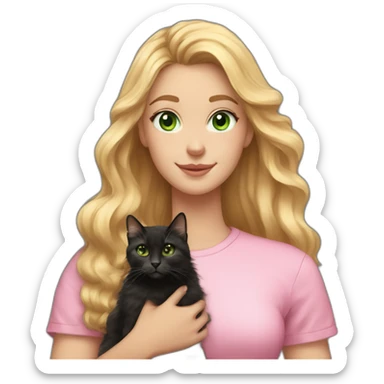 woman with green eyes and long wavy blonde hair in a pink shirt is holding a very fluffy and fat black and tortoiseshell cat sticker