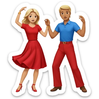 Two people dancing. Man in red shirt and  red pants with brown hair. Women in blue shirt and long skirt with blond hair. Dancing. sticker