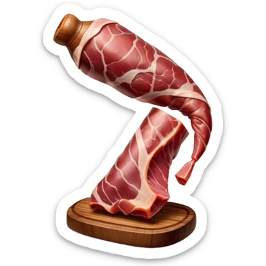 ​Cinematic Realistic Spanish Jamón Leg, depicted as a massive, cured leg of Jamón serrano with a deep reddish-brown hue, intricately marbled and slightly glossy with age, elegantly displayed on a rustic wooden stand and bathed in warm, soft lighting that accentuates its artisanal heritage, sticker
