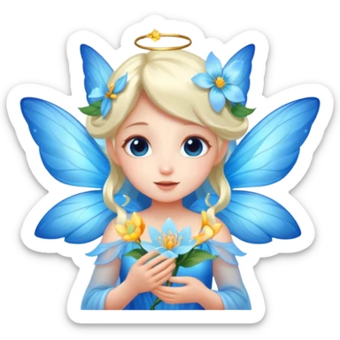 A shy fairy with soft blue wings, gently holding a glowing blossom.
 sticker