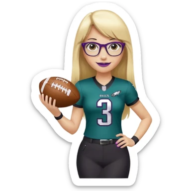 full length women wearing eagles uniform, long blonde hair, straight bangs, black glasses, holding football, number 33, smiling, purple lipstick sticker