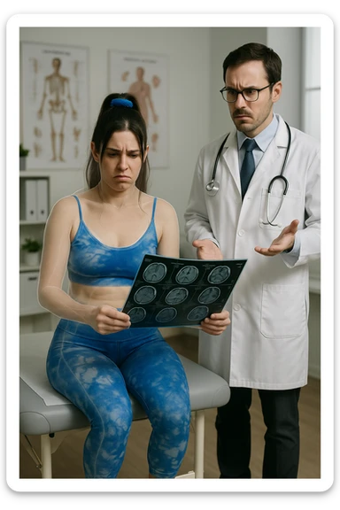 a person sits in a doctor’s office, holding medical imaging results (like X-rays or MRI scans) that appear normal. However, a subtle shadow or ghosted outline around their body reveals postural asymmetries—such as uneven shoulders or hips—that are not visible in the scans. The doctor looks puzzled, while the patient appears frustrated. sticker