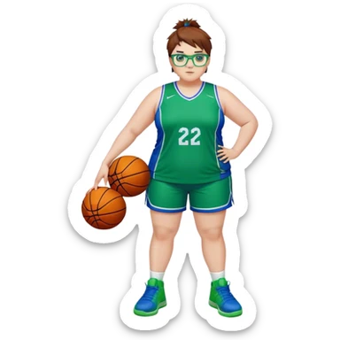 Full Body white plus size Girl with basketball spikey short brown HAIR wearing blue glasses with green eyes wearing blue and green basketball uniform PLAIN WITH GREEN SHOES sticker