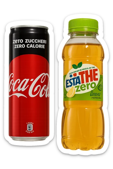 lattina di coca cola zero fluttua accanto a bottiglia di esta-thè zero, iperrealistiche 4k sticker