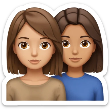 two girls, one with chin-length brown hair, tousled and layered, tan skin; the other with shoulder-length straight brown hair, tan skin sticker