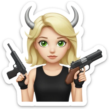 Emoji femme blonde cheveux blond, yeux vert avec de long cils noir qui porte un pistolet et à des cornes  sticker
