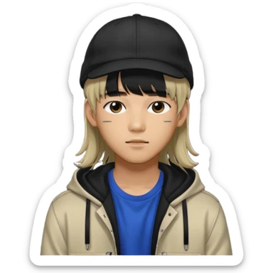 Portrait of a male K-pop idol, wearing a stylish streetwear outfit with layered clothing, long hair with bangs, makeup, wearing a black cap sticker