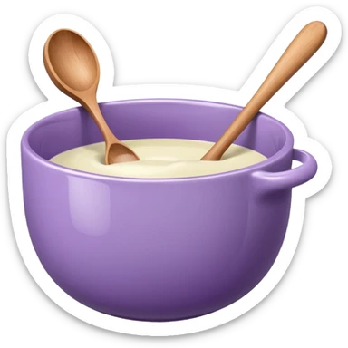 a lilac ceramic mixing bowl with a wooden spoon stirring sticker