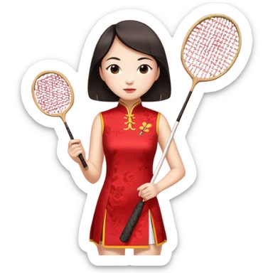 ancient cheongsam girl with 1 badminton racket, red sticker
