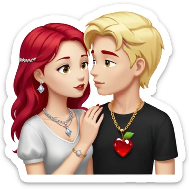 young couple kissing, girl with long cherry red hair and blonde eyebrows, gold A necklace, diamond ring, red bracelet, light clothes, boy with SHORT SNOW WHITE hair, silver ring with black stone, dark t-shirt sticker