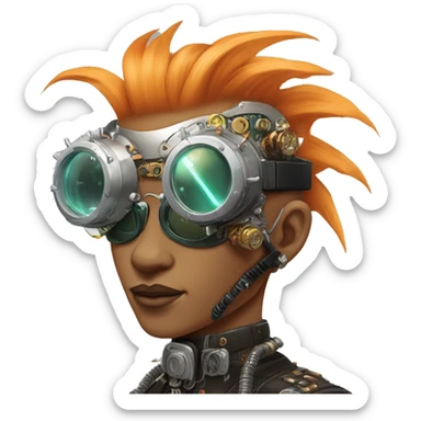 Light orange Mohawk hair make cyborg head with silver steampunk goggles and circuits sticker