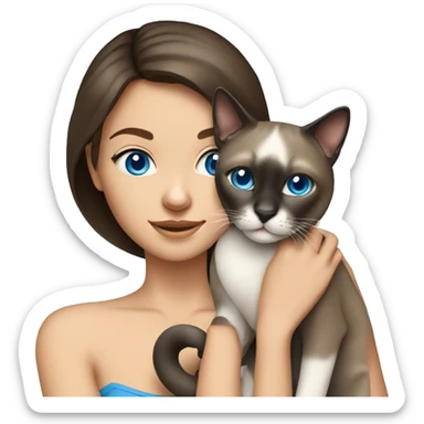 brunette girl blue eyes holding siamese cat sticker