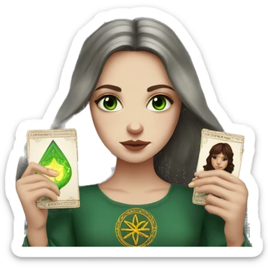 Slavic white girl with dark burgundy medium hair and green eyes  with tarot in her hands sticker