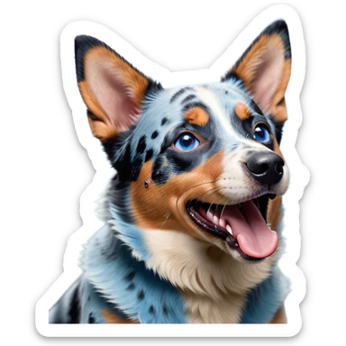 Cinematic Cute Yawning Blue Speckle Australian Cattle Dog Portrait Emoji, Head tilted slightly with a dramatic, wide-open yawn, showcasing a sleek blue speckle Fur with distinct markings, floppy ears slightly drooping, round blue eyes barely open in drowsy contentment, Simplified yet irresistibly adorable features, highly detailed, glowing with a soft, cozy glow, high shine, relaxed yet expressive, stylized with a touch of whimsy, bright and endearing, soft glowing outline, capturing the essence of a sleepy yet affectionate herder, so drowsy it feels like it could stretch out of the screen and curl up for a nap! sticker