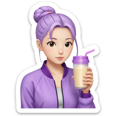 Japanese girl with lilac jacket drinking pre workout shake middle part slick back bun sticker