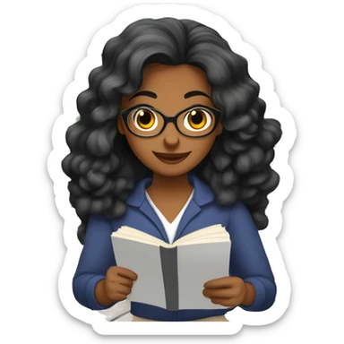 Chica de cabello ondulado color negro estudiando llena de libros y apuntes y el ordenador  sticker