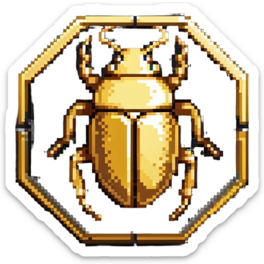 A golden hexagonal badge with a detailed beetle in the center, Discord bug hunter inspired sticker