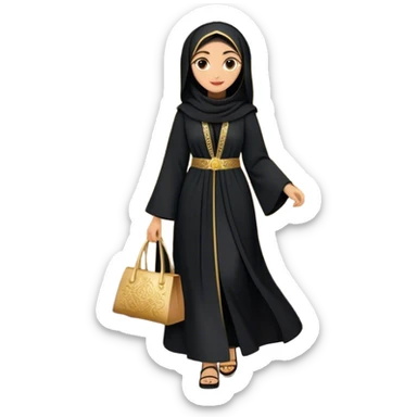 Middle Eastern cultural scene, featuring a young woman dressed in a traditional black abaya with gold accents, walking out of an old-style handcrafted shoe shop. sticker