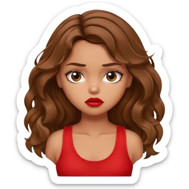 generate a pretty tan bratz girl with brown wavy hair long wearing a red tank top, red lipstick. Looking sad sticker