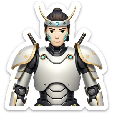 cyborg male samurai with robotic limbs and glowing cybernetic enhancements sticker