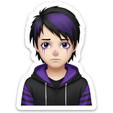 emo teen boy with long one-side messy black hair, dark hoodie with white and purple striped sleeves, piercings on his nose, dark eyeshadow sticker