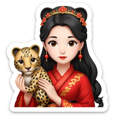 A beautiful girl in red Hanfu wedding dress is holding a black leopard sticker