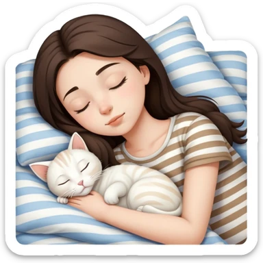 Brunette teenage girl sleeping with white cat that has beige stripes sticker