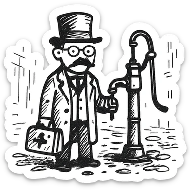 A victorian doctor with a street water pump in a dirty street sticker