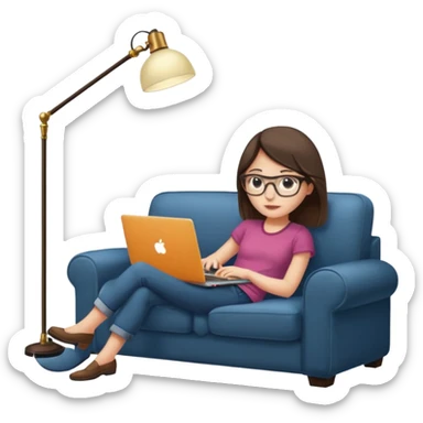 A girl is working with a laptop while lying on a sofa, with a floor lamp to the right. sticker
