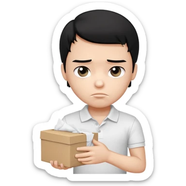 generate a pretty bratz boy with black hair, wearing a plain white polo shirt. Looking sad, holding a box of tissues in his right hand sticker