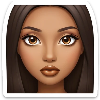 Glamourous, light brown skin tone, very beautiful girl, with big plump shiny lips, long long lashes, black straight smooth silky long hair, straight parting hair, brown eyes sticker