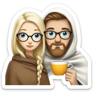 Pale blonde girl with blue eyes wearing glasses and pale man with short brunette and beard drinking tea under a blanket sticker