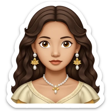 Tan Filipino woman with dark brown eyes and long dark wavy hair parted in the middle wearing a traditional filipiniana and white pearl stud earrings and no other jewelry sticker