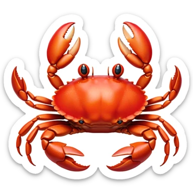 Cinematic Realistic Cute Crab Portrait Emoji, Head tilted playfully and inquisitively, featuring a compact, sturdy form with a glossy red shell uniquely forming an endearing face with bright, sparkling eyes, rendered with intricate natural textures and subtle coastal hues, high shine, affectionate and spirited, styled with a touch of seaside whimsy, soft glowing outline, capturing the essence of a mischievous yet lovable crab that seems ready to pinch playfully out of the screen into your arms! sticker