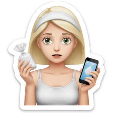 she's anxious , has a transparent tiny pastic bag full of white powder, and her phone in the other hand sticker