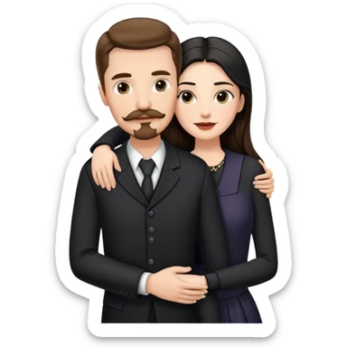 tall white man with brown hair goatee mustache hugging a pale woman with long black hair, wearing elegant clothing sticker