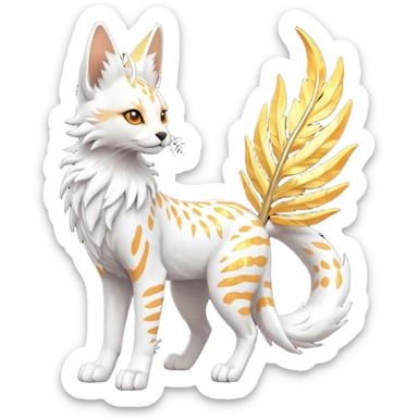 Epic complex fantasy glorious detailed futuristic divine godly angelic feathery sunny, white, albino, pastel, golden, orange glowing sparkly, realistic Fakémon-Trico-Sergal-Serval-Solgaleo-Vernid-creature (full body) solarpunk, shiny sparkly with a gold laurel sticker