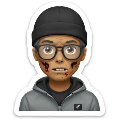 Hazme un zombie con gafas cuadradas y el marco negro y un gorro negro y un saco Nike tech gris y haz el personaje moreno  sticker