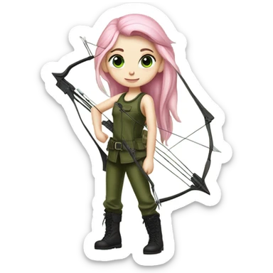 girl armed with bow and arrow, long pink hair, blue eyes, white skin, army green cargo pants, black tank top, black combat boots, elf ears sticker