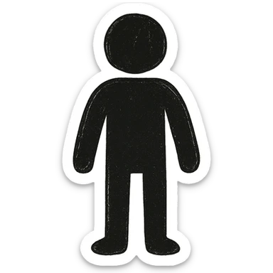 Minimalist silhouette of a person with solid black fill, rounded head, simple torso and limbs, in the style of the second variant from the previous generation, with a transparent background. sticker
