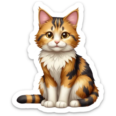 cinematic-[calico tabby cat]-realistic-full-body-sitting-emoji,-tail-curled-playfully-around-its-paws,-head-tilted-dramatically,-scruffy-[calico]-fur,-simplified-yet-realistic-focused-features,-highly-detailed,-glowing-with-an-almost-sarcastic-glow sticker
