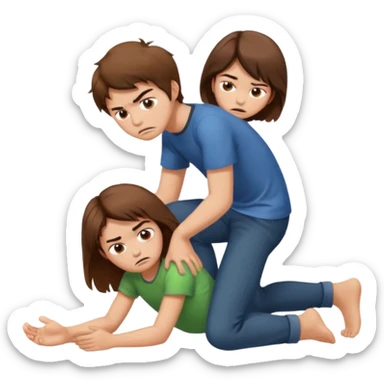 boy with messy brown hair and short putting his foot on a kneeling girl's head sticker