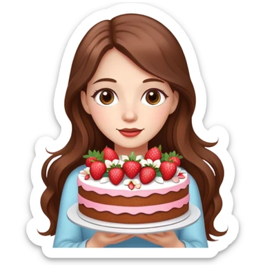 A beautiful girl with long brown hair and flowers holding a strawberry cake sticker