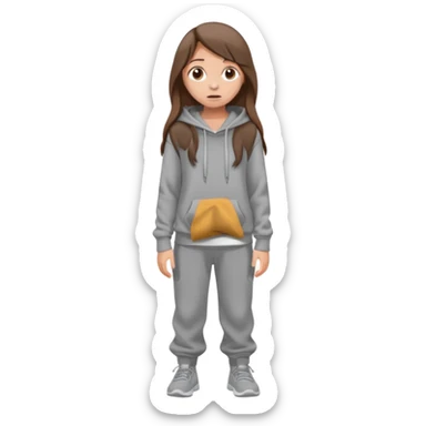 Chica grande  asustada de cuerpo completo mirado a la izquierda con pelo castaño largo  pantalones baggy  grises y hoodie gris  sticker
